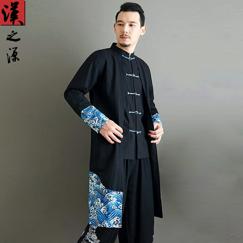 春季中国风原创青年唐装复古民族风男士长衫中式长袍亚麻休闲外套
