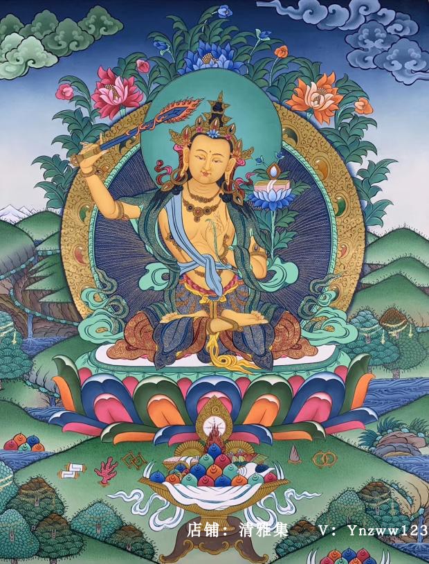 精品 文殊菩萨 尼泊尔纯手绘纯手工 西藏密宗唐卡挂画