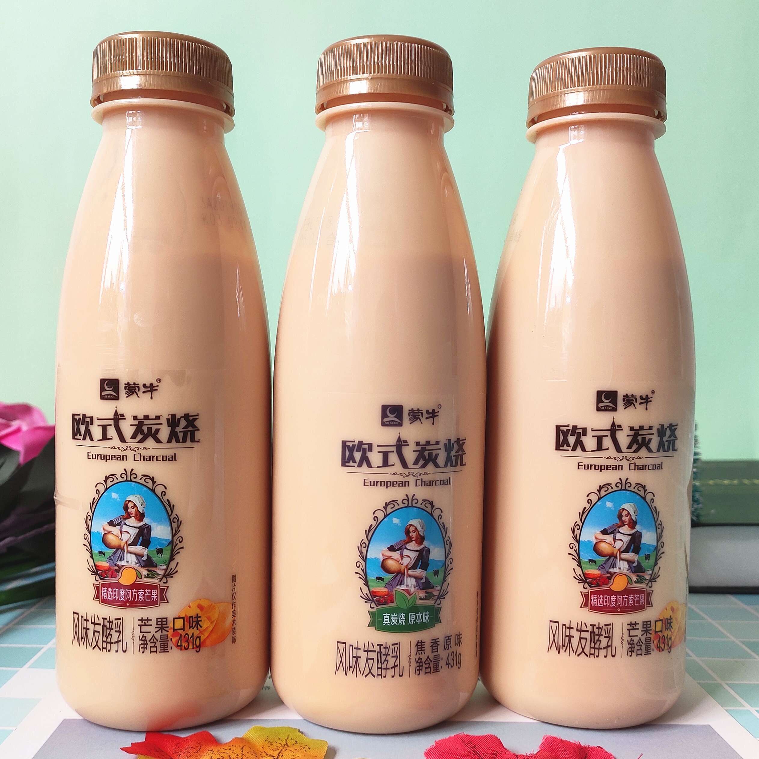 蒙牛欧式炭烧风味发酵乳酸奶焦香原味香浓芒果 431ml*5瓶酸乳