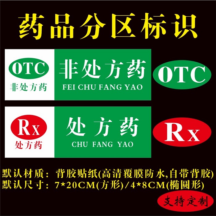 药店药房药品分区标识贴处方药rx非处方药otc类目标签标牌可定制
