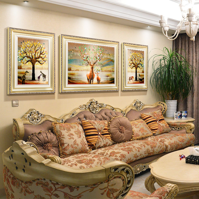 沙发后面的挂画墙画欧式客厅装饰画大气招财风水三联背景墙面壁画