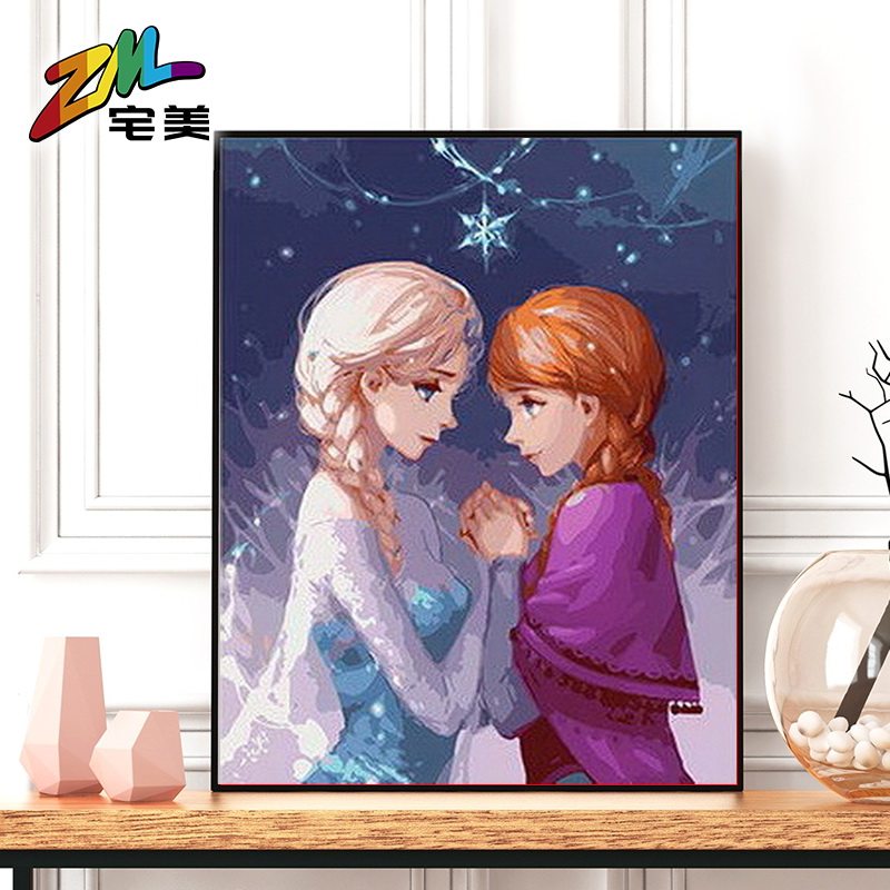 冰雪奇缘2姐妹情深diy数字油画 卡通动漫手绘填色油彩画艾莎安娜