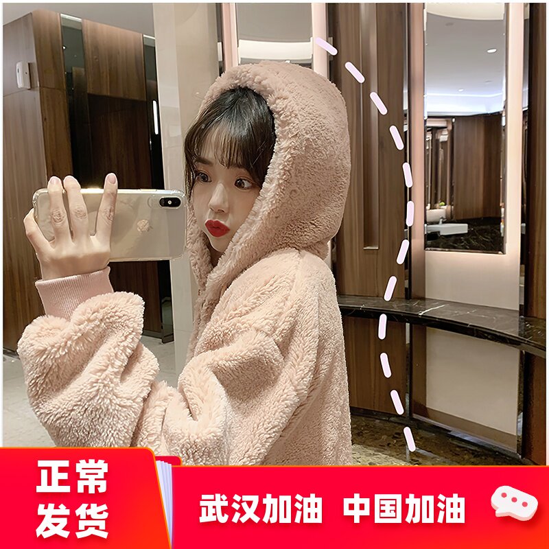 2019秋冬新款韩版网红软糯糯宽松套头羊羔毛抓绒连帽加厚外套女潮