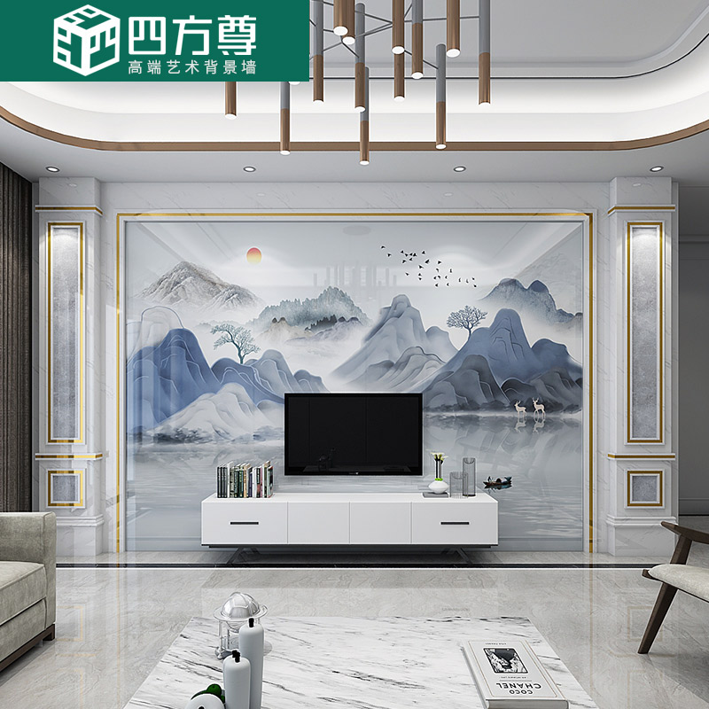 新中式电视背景墙瓷砖微晶石现代简约大理石影视墙装饰造型山水画
