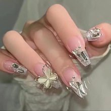 ins высококачественный маникюр ногти наклейка съемный маникюр готовая белая средняя длина флэш - бриллианты осенние и зимние поддельные ногти