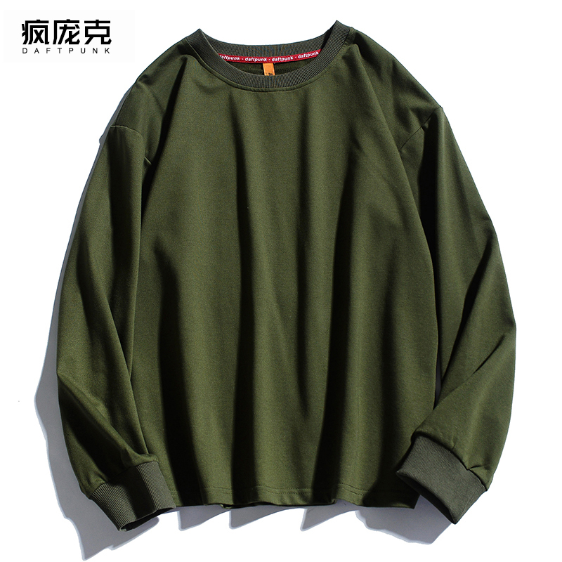 新款上衣韩国ins复古基础款军绿色纯色春季打底衫内搭男女长袖t恤