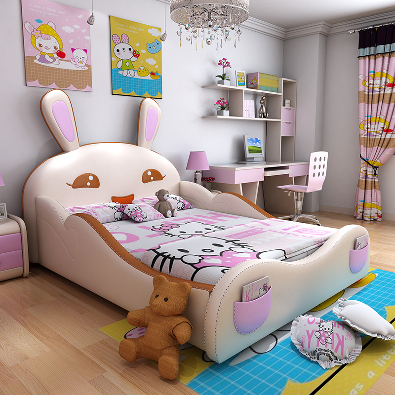 儿童床卡通女孩公主床粉色单双人床实木1.5m带护栏组合小床真皮床
