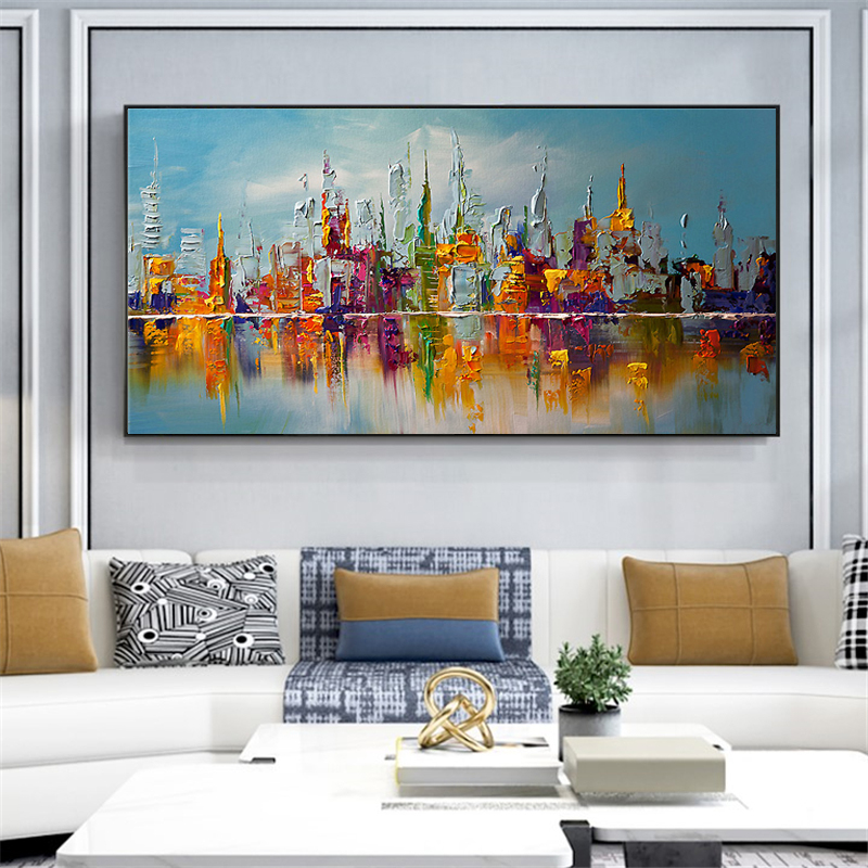 现代简约客厅装饰画手工沙发背景墙抽象油画北欧大气城市手绘挂画