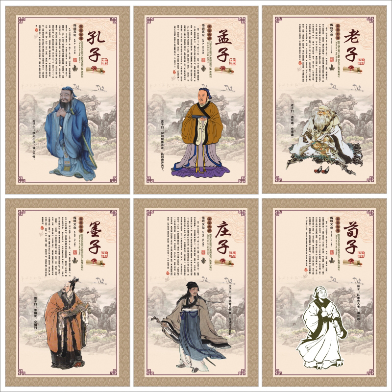 中华传统文化孔子肖像挂图画孟子老子荀子墨子庄子名人简介墙贴纸
