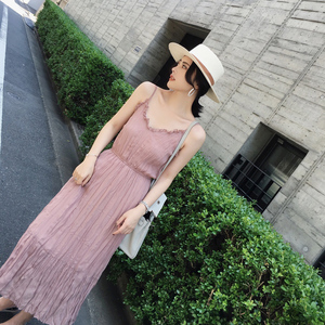◆ASM◆2017夏装新款粉色百褶连衣裙吊带过膝长裙v领收腰裙子女装女装