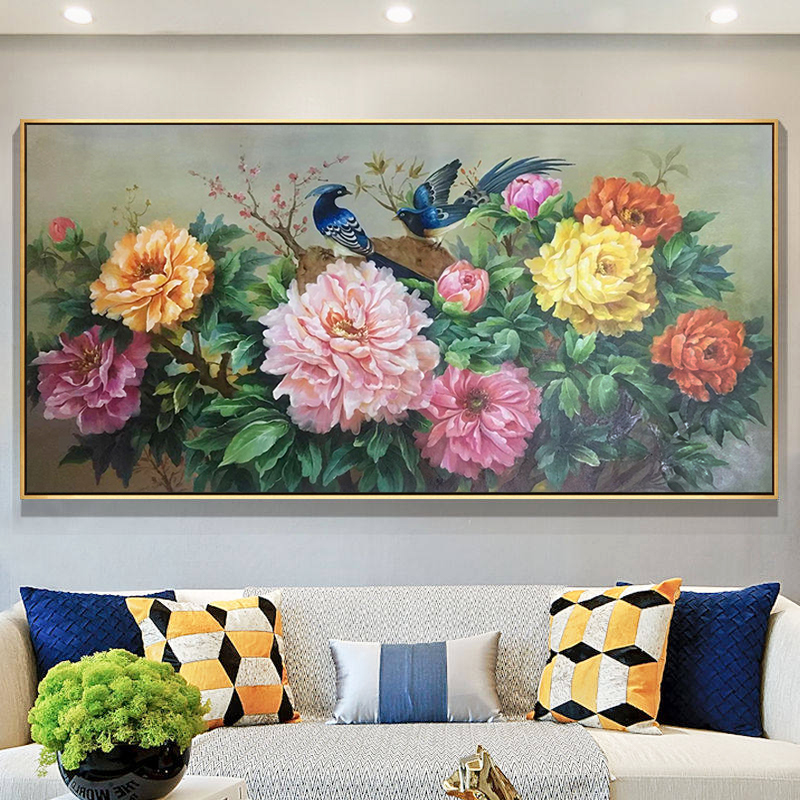 牡丹油画纯手绘花鸟花卉装饰画定制花开富贵客厅挂画横幅大幅壁画