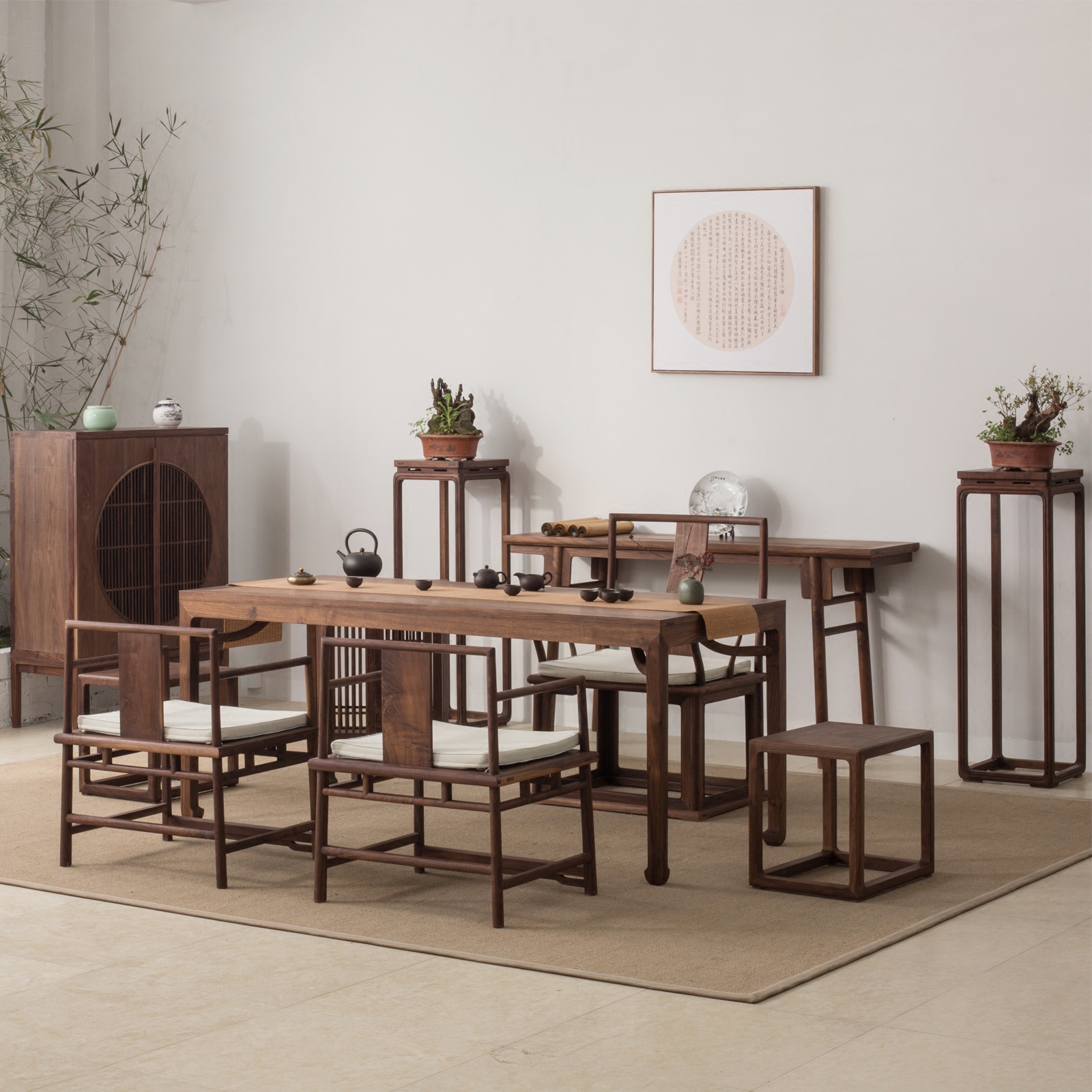 新中式老榆木茶桌椅组合明式家具复古怀旧禅意黑胡桃会议餐桌做旧