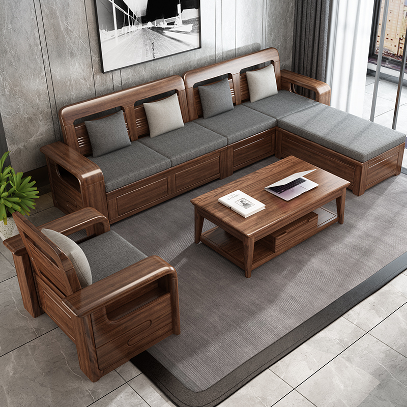 胡桃木实木沙发冬夏两用现代新中式家具客厅轻奢木质储物沙发组合