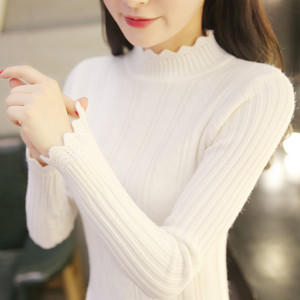 秋冬新款白色毛衣女装修身套头短款长袖半高领百搭加厚打底针织衫长袖毛衣
