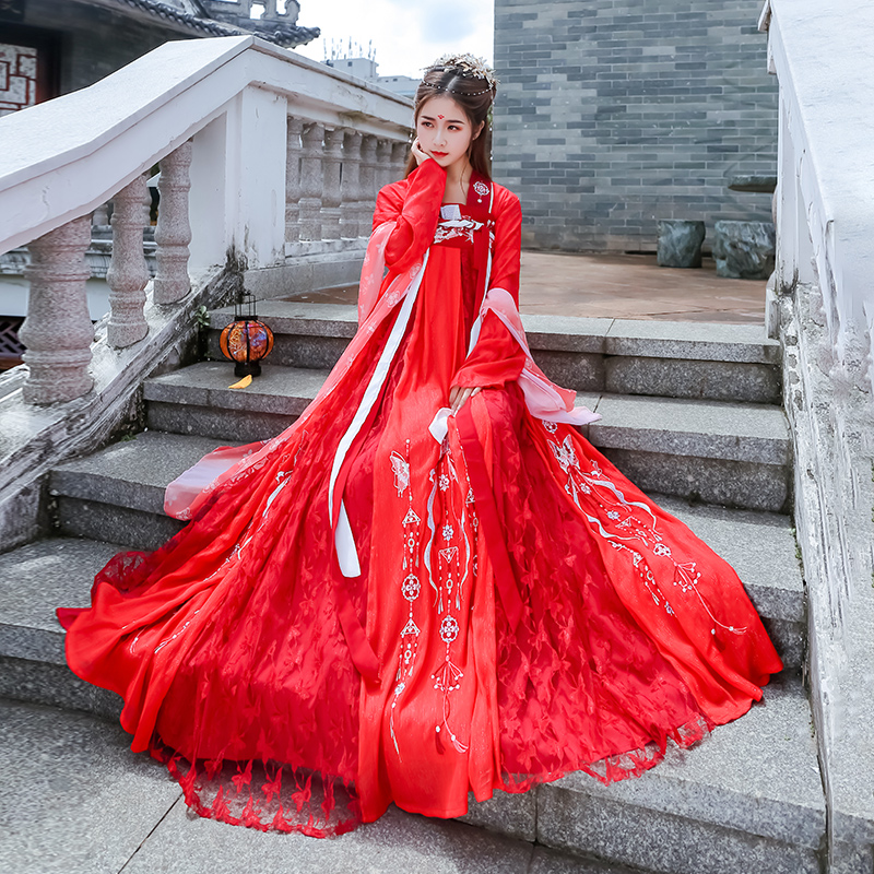汉服女传统中国风服装古装表演服学生古风演出服汉唐红色齐胸襦裙