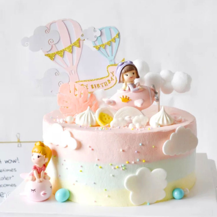 小小飞行员蛋糕装饰粉蓝小飞机男孩女孩摆件毛球云朵热气球插牌l