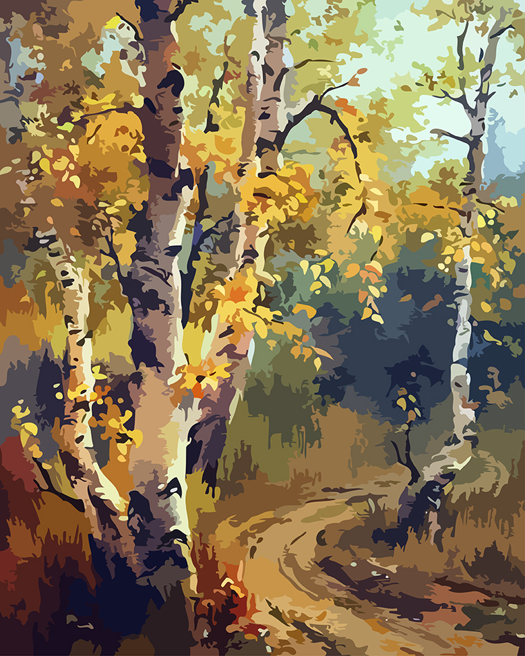 数字油画diy 白桦树秋意树木自然风景淡彩填色手绘画40*50 60*80