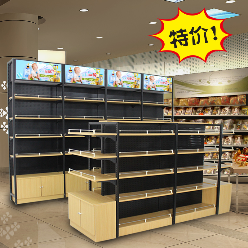 超市货架休闲食品文具店母婴便利精品钢木制单双面中岛柜酒展示架