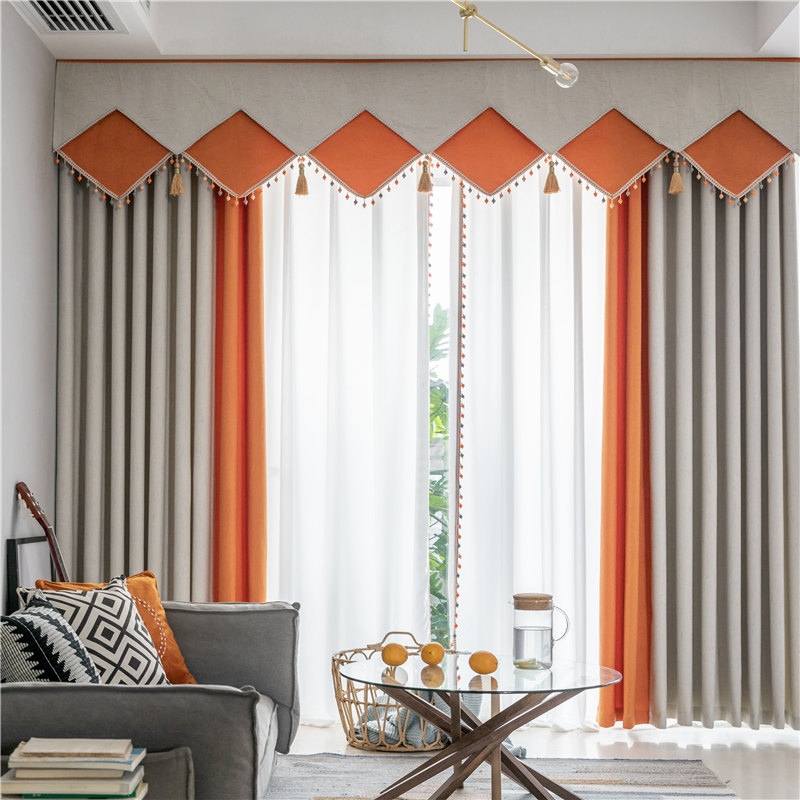拼色窗帘橙色客厅带帘头遮光窗帘布现代简约北欧飘窗纱帘撞色成品