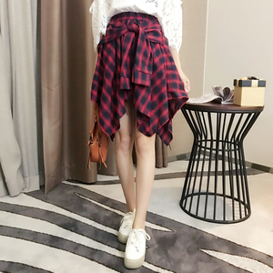 2017夏季新款时尚格子不规则半身裙女高腰中长款裙子学生衬衫裙潮半身裙