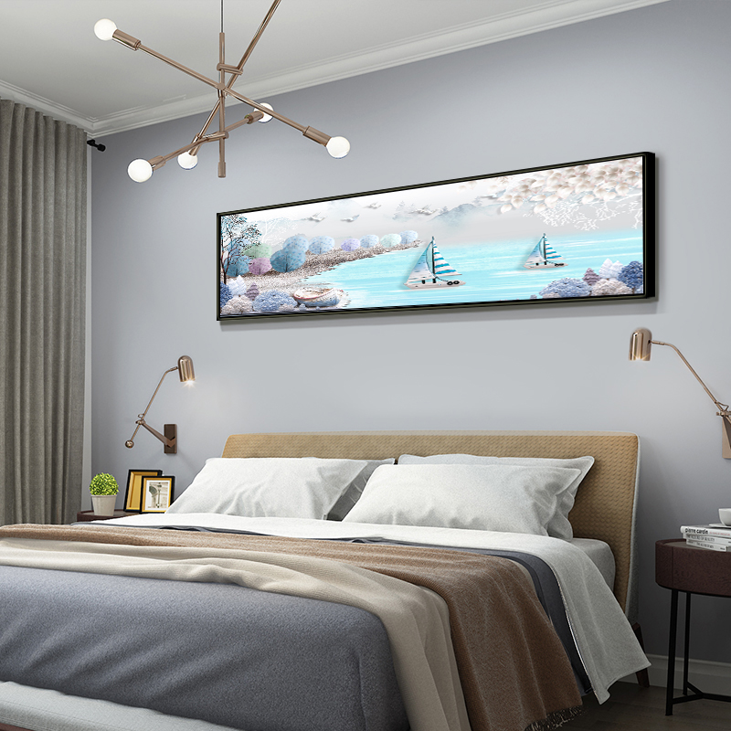 卧室装饰画现代简约床头挂画横幅长条客厅壁画风景山水画北欧温馨