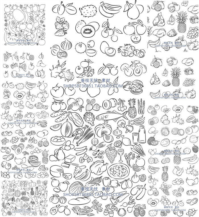 a2180矢量黑白简笔画手绘水果蔬菜鱼肉菠萝 eps素材 ai设计素材