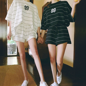 条纹夏季新款短袖短裤运动套装女跑步学生运动服休闲宽松两件套装夏季运动服