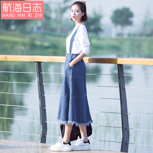 韩版百褶裙牛仔裙a字裙半身裙 学生高腰吊带裙子夏中长款背带裙女半身裙