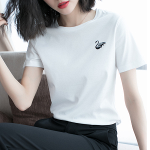 好搭易穿天鹅刺绣修身纯棉白色t恤女短袖春款上衣2018新款打底衫女装T恤