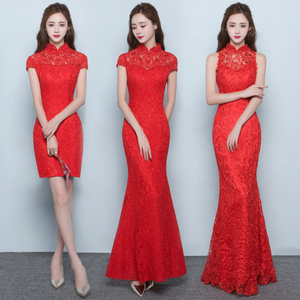 新娘结婚敬酒服旗袍2017春季短款中式婚礼红色礼服长款修身鱼尾女旗袍长款