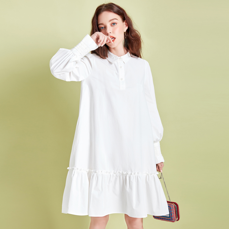 阿卡白色衬衫连衣裙2020春新款复古优雅宽松中长款纯棉长袖裙子预