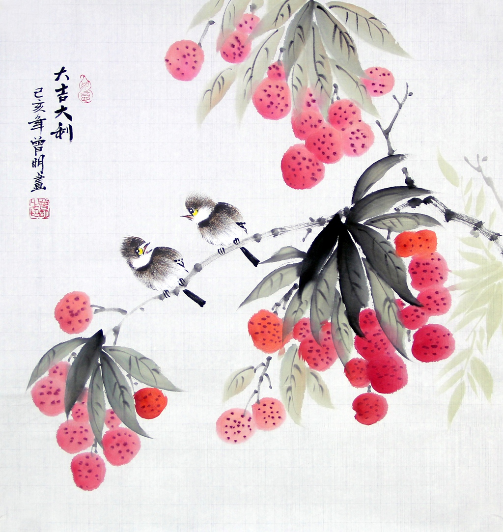 曾明手绘真迹国画花鸟画玄关餐厅挂画葫芦葡萄荷花紫藤柿子荔枝画