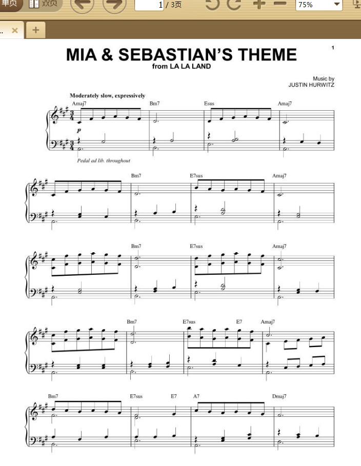 lala land 爱乐之城mia and sebastians theme钢琴谱高清pdf格式
