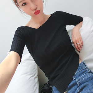 UNIHOME定制 不规则v领套头衫修身短袖T恤女夏2017打底冰丝针织衫规则定制
