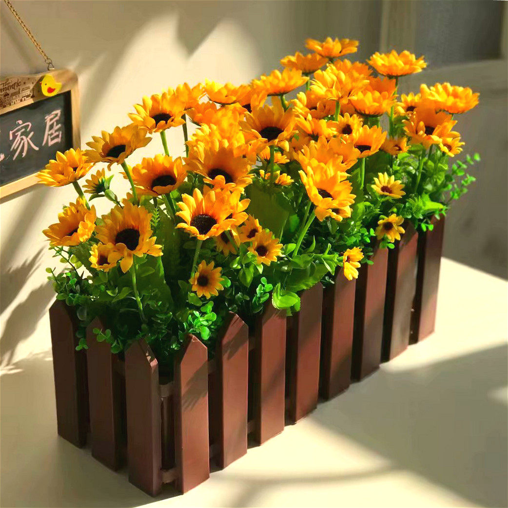 假花仿真花向日葵太阳花盆栽 学校舞台活动假花装饰 塑料盆栅栏花