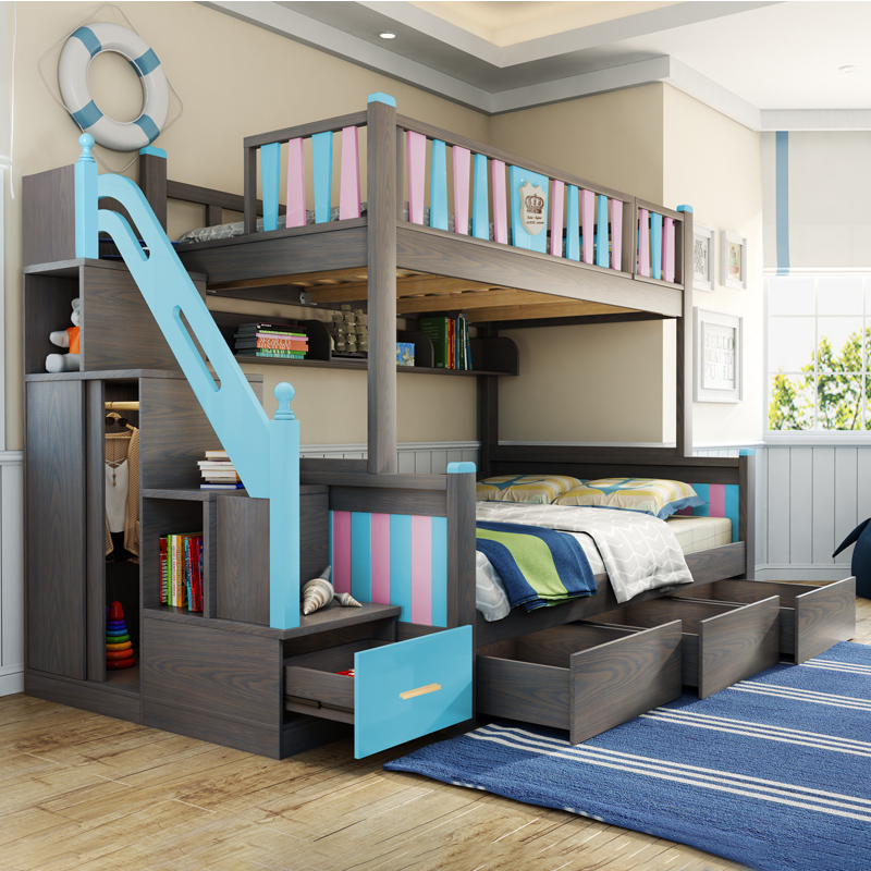 北欧上下床双层多功能组合全实木两层高箱带滑梯子母床儿童高低床