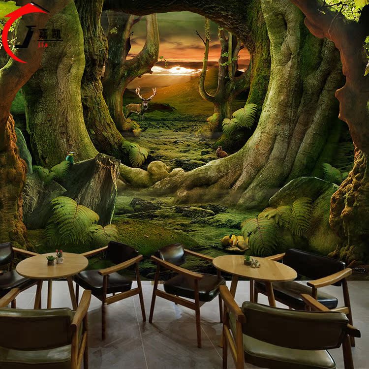 餐厅客厅卧室酒店背景墙纸3d大自然森林大树主题壁画绿色植物田园