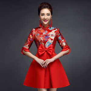 2017新款春季红色新娘敬酒服旗袍短款中式结婚礼服女修身显瘦长款旗袍长款