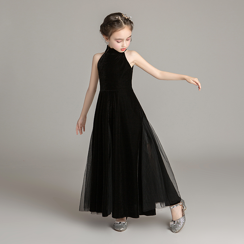 儿童礼服舞台模特走秀女童长款黑色钢琴小提琴演出服主持人公主裙