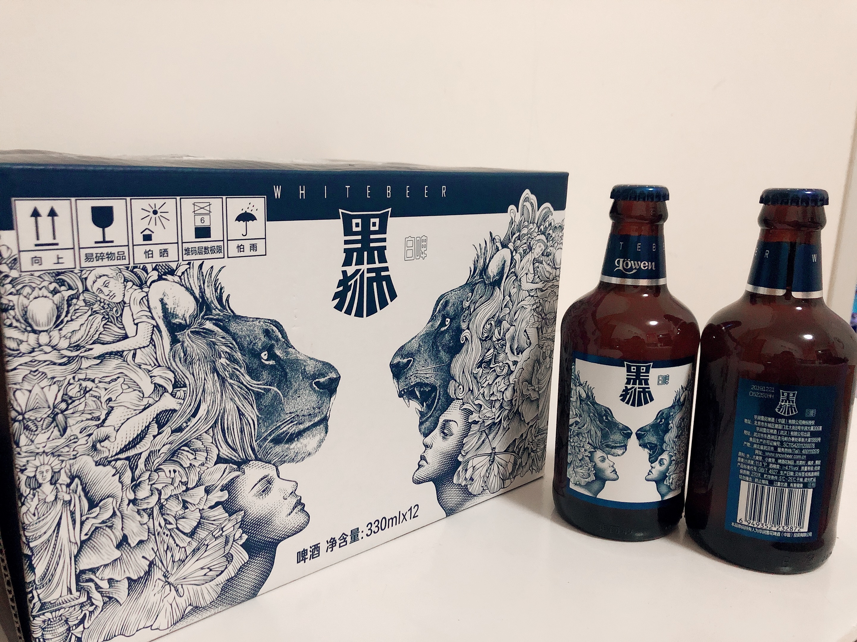 雪花黑狮白啤330ml*12瓶/箱麦芽度11.8度酒精4.1雪花白啤美女狮子