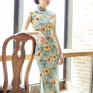 原创旗袍/春夏新品复古改良盖肩无袖中长款亚麻旗袍裙 梦夏旗袍长款