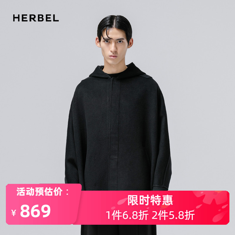 herbel/黑白2019冬季新款男士连帽斗篷式呢大衣风衣外套9r679735