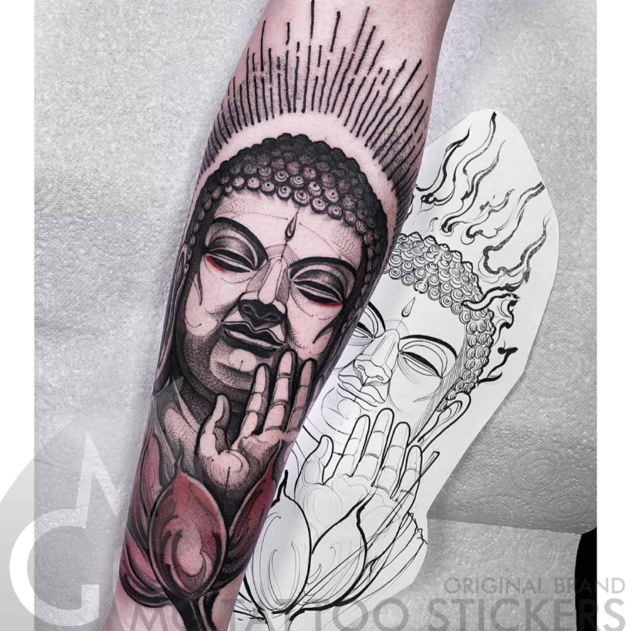 mg纹身贴/手绘tattoo/神秘宗教信仰莲花佛头大面积点刺花臂纹身贴