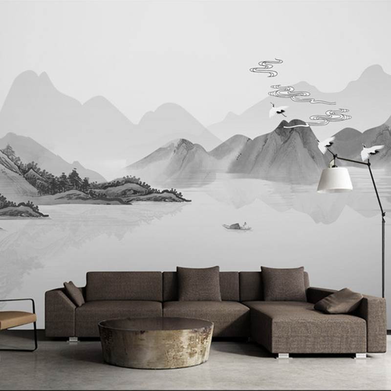 新中式电视背景墙墙纸淡雅水墨山水画沙发背景墙壁纸无缝墙布壁画