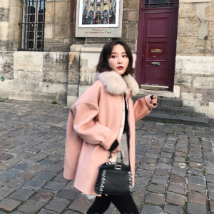 于momo2017新款小个子毛呢外套女短款双面呢狐狸毛毛领羊毛大衣冬外套女