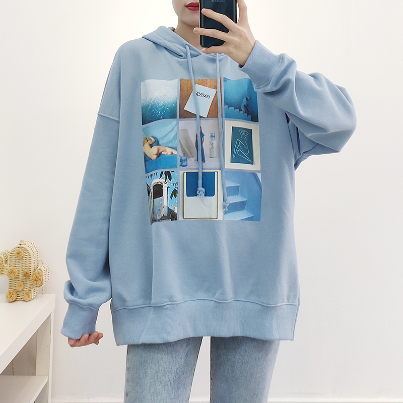 P80 S M L XL BLUE Tattoo Print,Cotton,Kangaroo Pockets,Rhinestones Hoodie