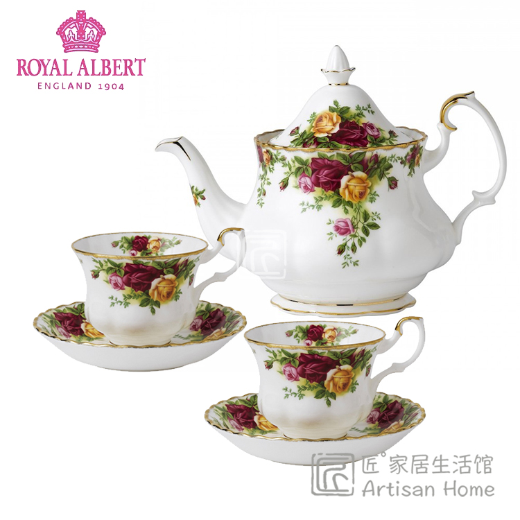 现货英国royal albert皇家老镇玫瑰骨瓷茶具套装1壶2/4杯乡村玫瑰