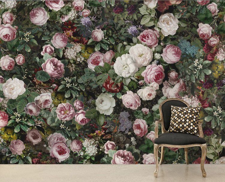 欧式手绘复古玫瑰花卉油画客厅无纺布壁纸卧室床头办公室壁画墙布