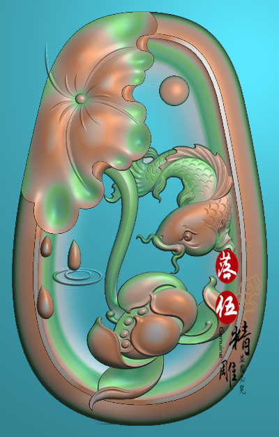 新款荷花鲤鱼年年有余精雕图jdp 荷叶鱼265浮雕图玉雕图荷叶挂件