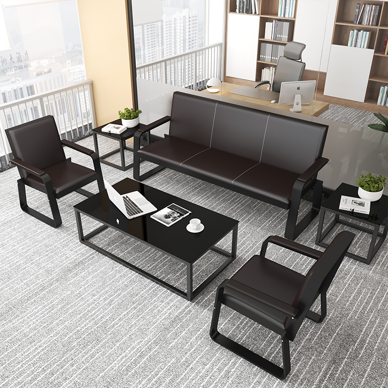 办公沙发简约现代商务会客接待沙发三人位铁艺办公室沙发茶几组合